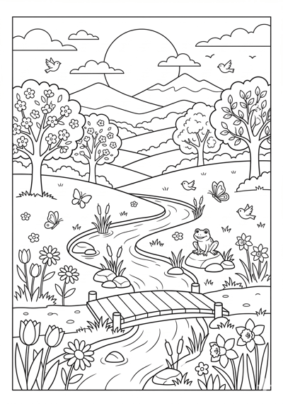 Spring meadow with stream and trees coloring page for kids age 9-10