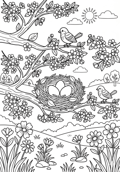 Bird nest with eggs spring coloring page for kids age 6-8