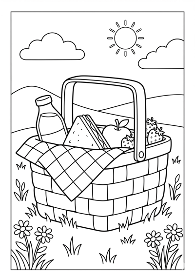 Spring picnic basket coloring page for kids age 6-8