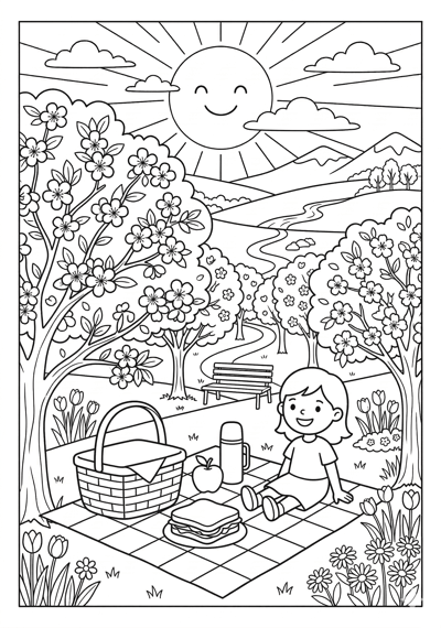 Spring picnic in park scene coloring page for kids age 9-10