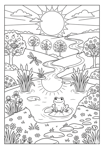 Spring pond with reeds and hills coloring page for kids age 9-10