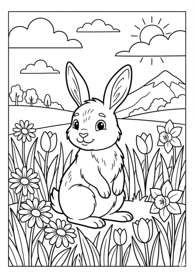 Rabbit in grass spring coloring page for kids age 6-8