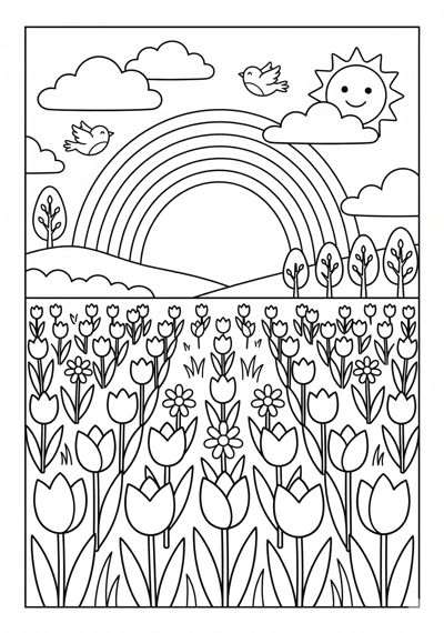 Rainbow over hills spring coloring page for kids age 6-8