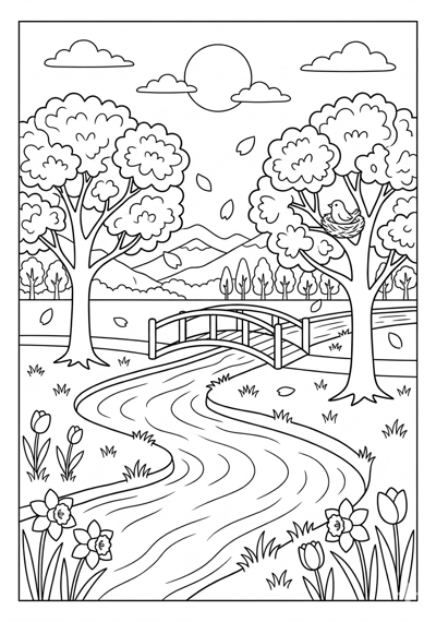 Spring river with trees coloring page for kids age 9-10