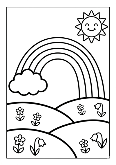 Simple rainbow spring coloring page for toddlers age 3-5, large shapes