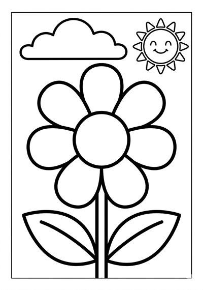 One big daisy spring coloring page for kids age 3-5, thick bold outlines