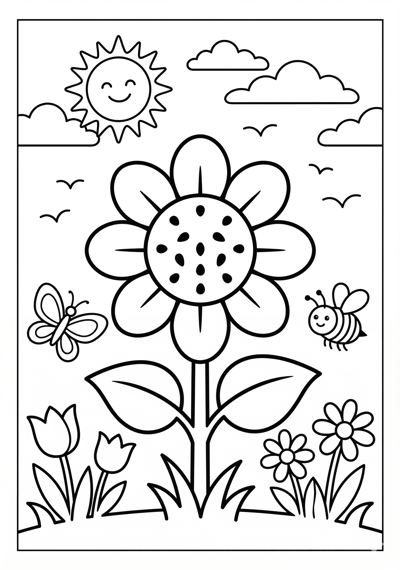 Sunflower spring coloring page for kids age 6-8