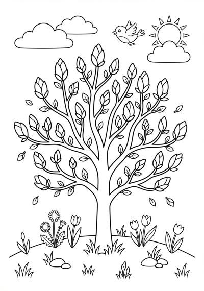 Spring tree with buds coloring page for kids age 6-8