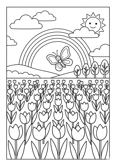 Tulip field spring coloring page for kids age 6-8