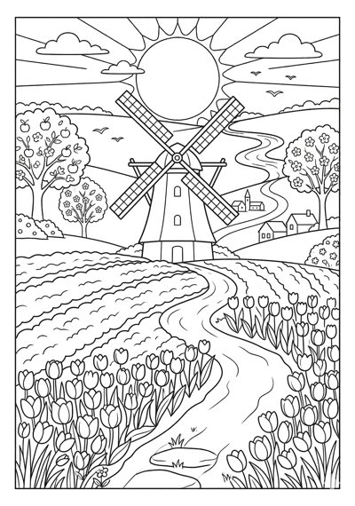 Tulip field with windmill spring coloring page for kids age 9-10