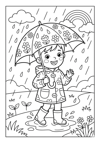 Umbrella in spring rain coloring page for kids age 6-8