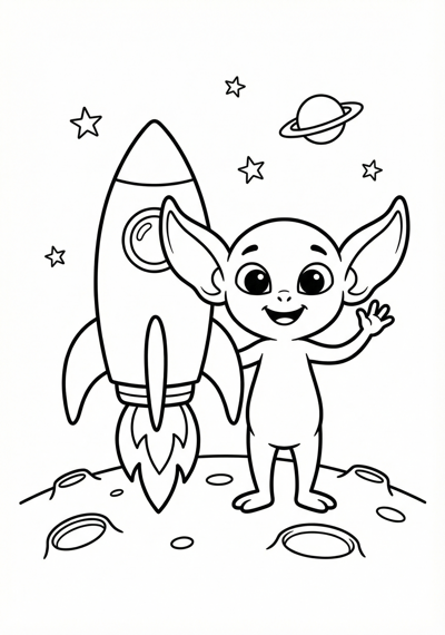 Big-eared alien next to simple rocket coloring page for kids age 6-8