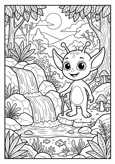 Big-eared alien by small waterfall coloring page for kids age 9-10
