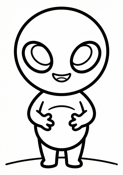 Cute alien with hands on belly coloring page for kids age 3-5