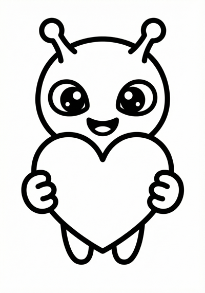 Cute alien holding a heart coloring page for kids age 3-5, very thick outlines