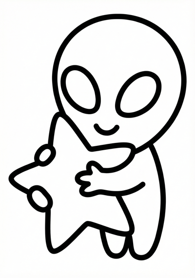 Cute alien hugging a star coloring page for kids age 3-5