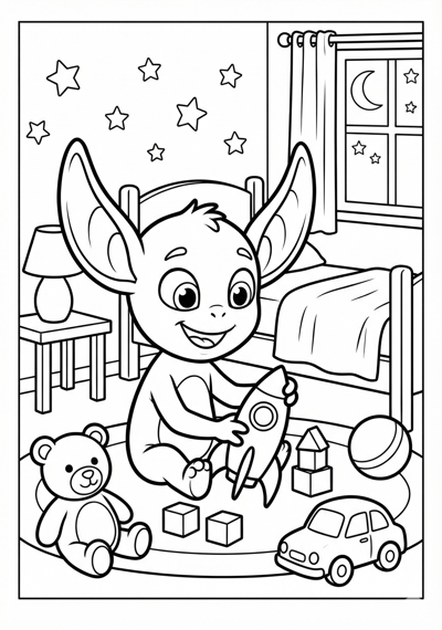 Cute alien in simple bedroom with toys coloring page for kids age 6-8