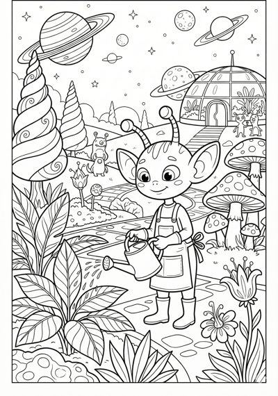 Big-eared alien in planet garden scene coloring page for kids age 9-10