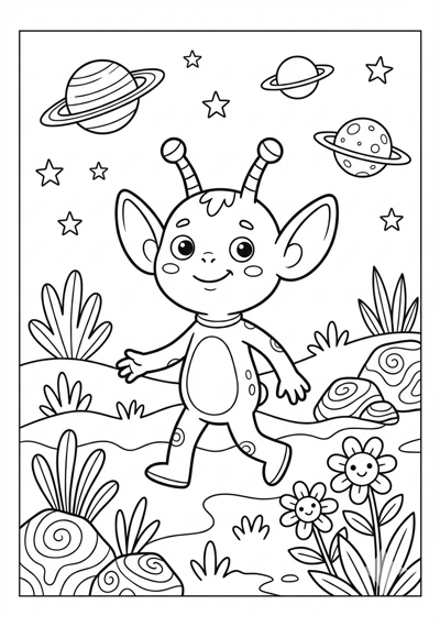 Big-eared alien in simple space field coloring page for kids age 6-8