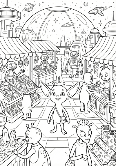 Cute alien in simple space market scene coloring page for kids age 9-10