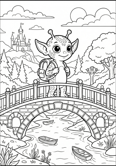 Cute alien on structured bridge scene coloring page for kids age 9-10