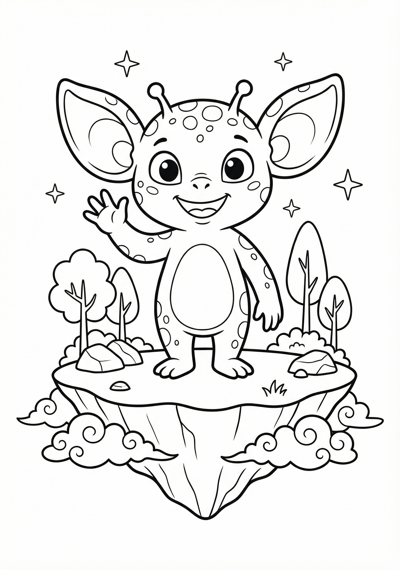Cute alien on simple floating island coloring page for kids age 6-8