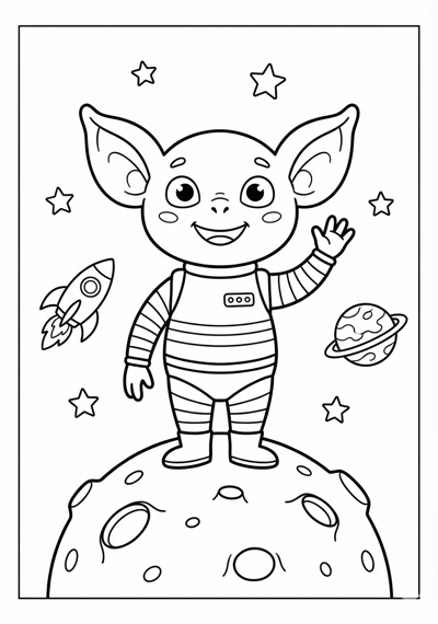 Alien standing on small moon hill coloring page for kids age 6-8