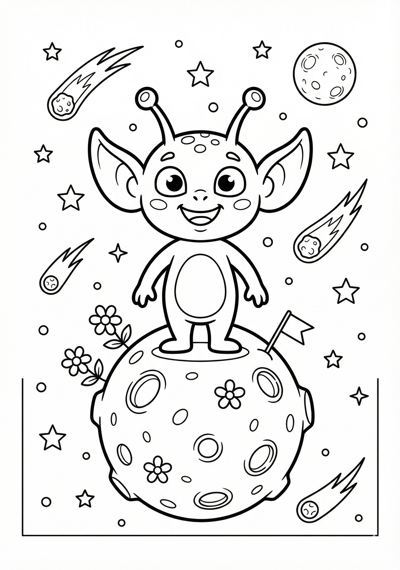 Cute alien standing on small round planet coloring page for kids age 6-8