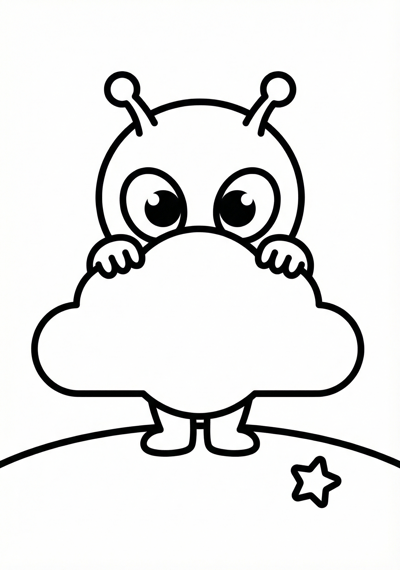Playful alien peek-a-boo pose coloring page for toddlers age 3-5