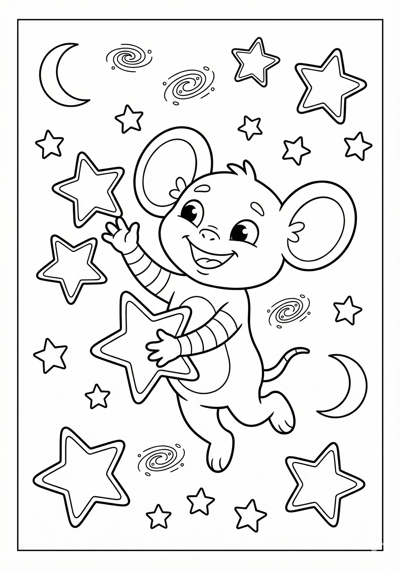 Playful alien with stars coloring page for kids age 6-8