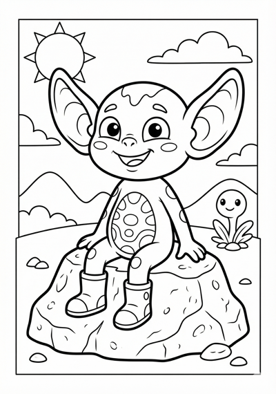 Cute alien sitting on rock with simple background coloring page for kids age 6-8