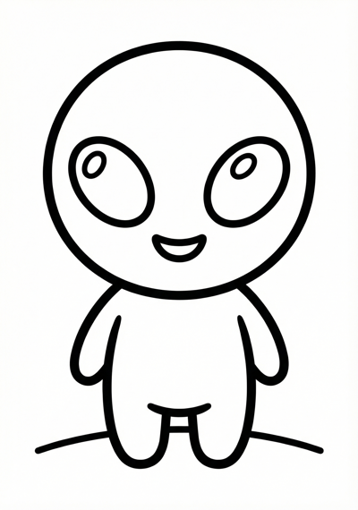 Alien standing on simple ground line coloring page for kids age 3-5