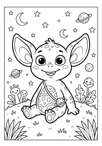 Cute big-eared alien under simple stars coloring page for kids age 6-8