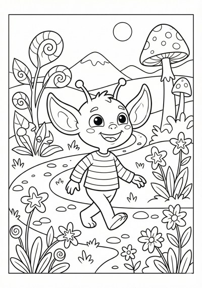 Cute big-eared alien walking in simple garden coloring page for kids age 6-8