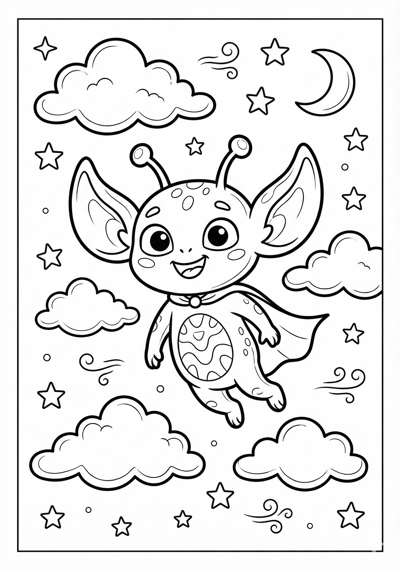 Big-eared alien with simple clouds and stars coloring page for kids age 6-8
