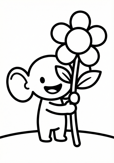 Alien holding a simple flower coloring page for kids age 3-5