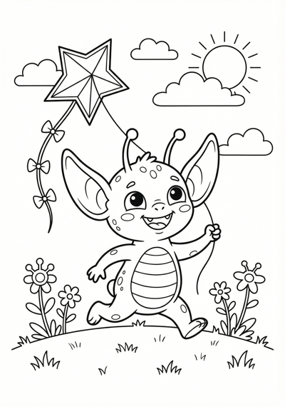 Playful alien holding a kite coloring page for kids age 6-8