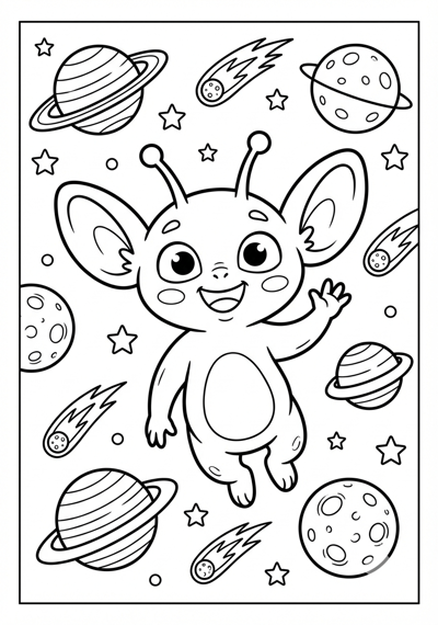 Friendly alien with simple planets in background coloring page for kids age 6-8