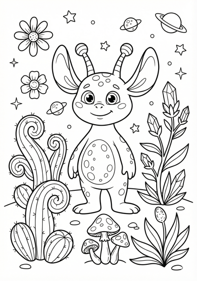 Cute alien with simple space plants coloring page for kids age 6-8