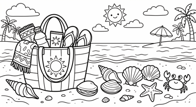 Beach bag with shells summer coloring page for kids age 6-8