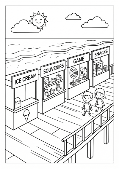 Summer boardwalk with stalls coloring page for kids age 6-8