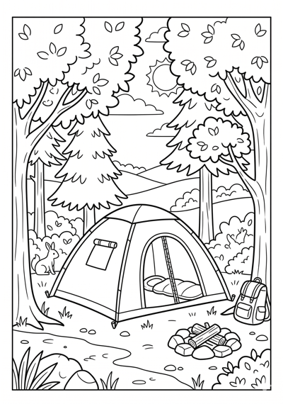 Camping tent under trees summer coloring page for kids age 6-8