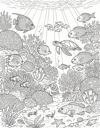 Coral reef with fish detailed summer coloring page for kids age 9-10