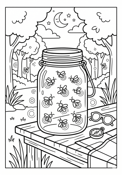 Fireflies in jar summer evening coloring page for kids age 6-8