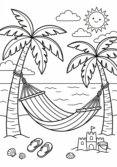 Hammock between palm trees summer coloring page for kids age 6-8