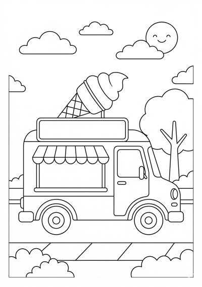 Ice cream truck summer coloring page for kids age 6-8