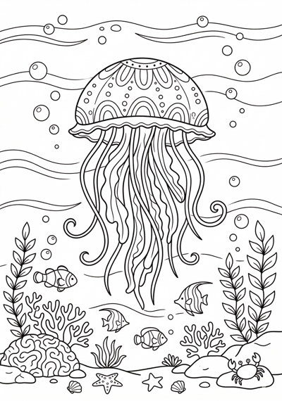 Jellyfish floating summer coloring page for kids age 6-8