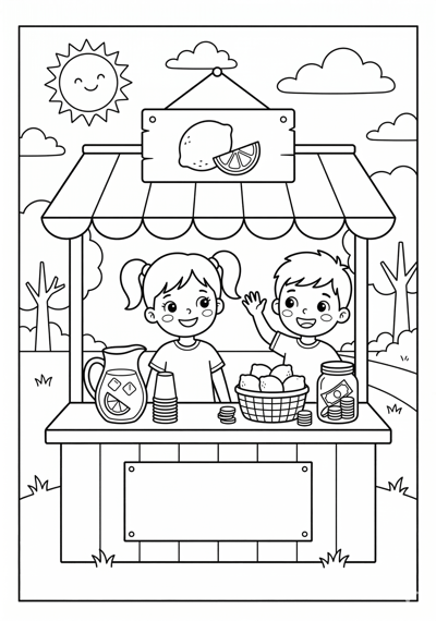 Lemonade stand summer coloring page for kids age 6-8