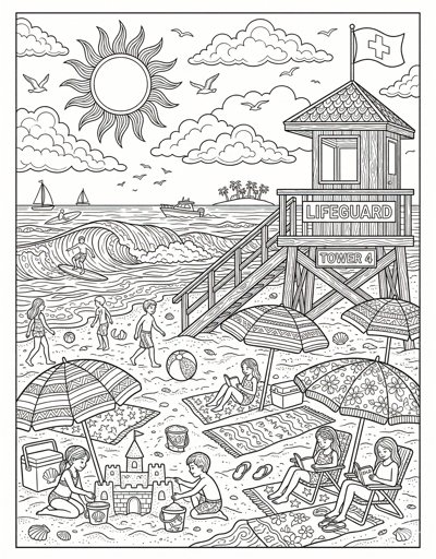 Lifeguard tower and busy beach detailed summer coloring page for kids age 9-10