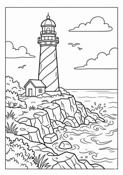 Lighthouse on rocky coast summer coloring page for kids age 6-8